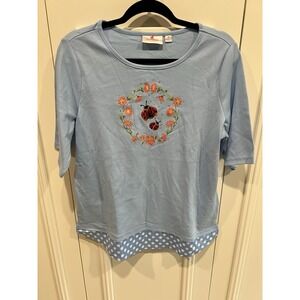 Quacker Factory Lady Bug Floral Embroidered Tunic Top Blue‎ Whimsical Spring Fun